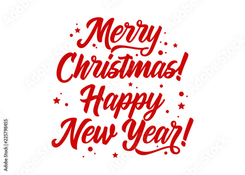 Merry Christmas! Happy New Year! Vector Holiday Template. Festive Background. Calligraphy Greeting Card. Isolated Red Text for Xmas Banner, Postcard, Event Invitation, Poster. Hand Drawn Lettering.