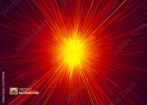 Background with explosion. Starburst dynamic lines. Solar or starlight emission. 3d futuristic technology style. Vector illustration.