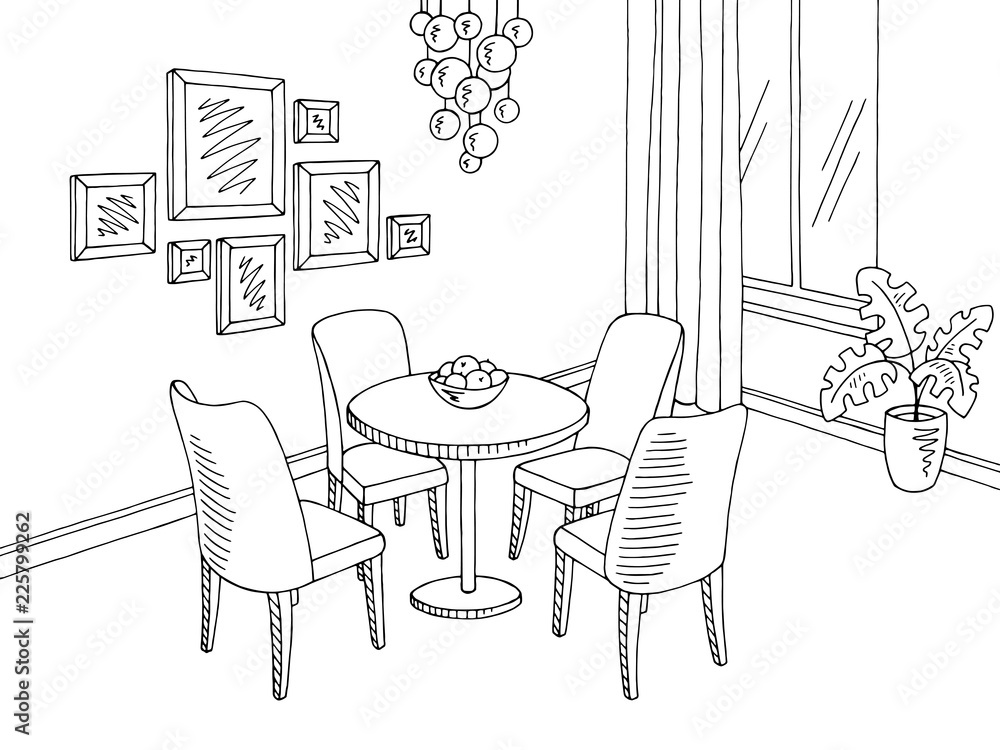 Dining Room Graphic Black White Sketch Home Interior Illustration dining-room-graphic-black-white-sketch-home-interior-illustration