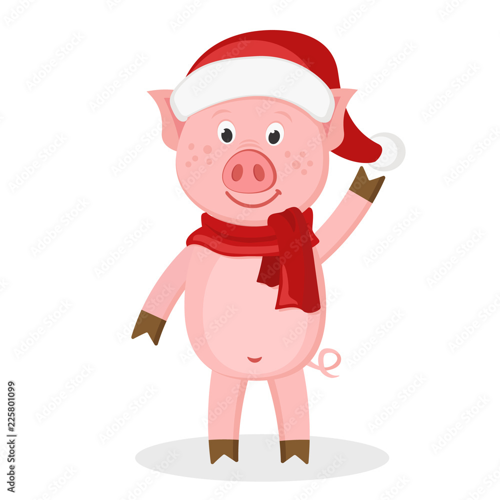 Pig in a hat and scarf waving his hoof on a white. Character for the new year. Pig in a hat and scarf waving his hoof on a white. Character for the new year.
