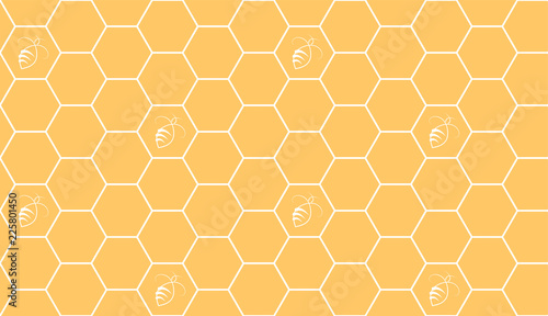 Hexagonal cell grid with bees seamless pattern. Honeycomb fashion geometric design. Graphic style for wallpaper, wrapping, fabric, apparel, print production. Eps 10 vector.