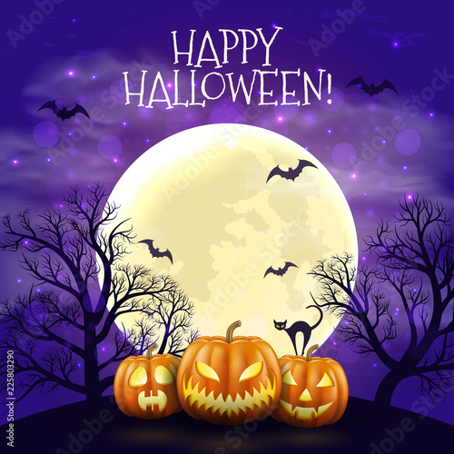 Happy Halloween night background with realistic scary pumpkins and moon