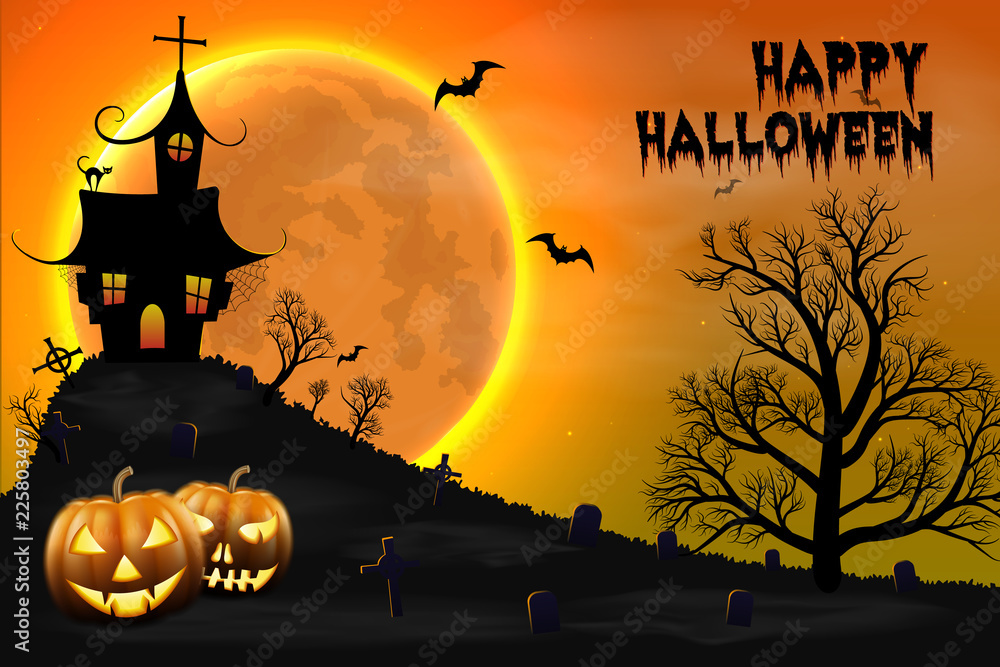 Happy Halloween night background with haunted scary house and full moon