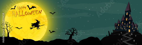Halloween castle and witch in front of a full moon