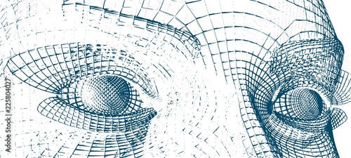 Young woman face from a 3d grid. Wire frame model. Polygonal geometric design.