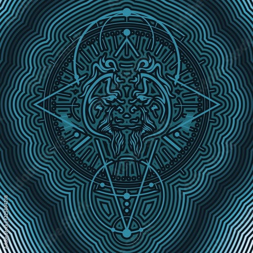 Mystical geometry symbol. Linear alchemy, occult, philosophical sign. Decorative orangutan head. For music album cover, poster, sacramental design. Astrology and religion concept.