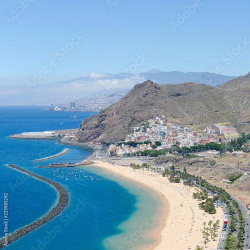 Playa de Las Teresitas with turquoise water and gold sand located in near the village San Andrés in Tenerife, Spain. Las Teresitas beach view from above. © vasanty
