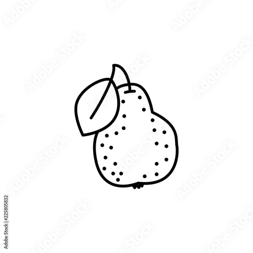 Black & white vector illustration of organic pear with leaf. Line icon of fresh fruit. Vegan & vegetarian food. Health eating ingredient. Isolated object