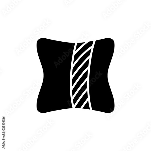 Black & white vector illustration of square throw pillow with geometric ornament. Flat icon of decorative sofa scutter cushion. Isolated object on white background.