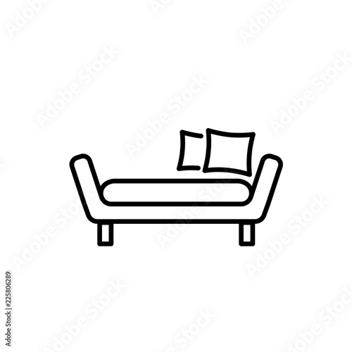 Black & white vector illustration of daybed with pillows. Comfortable sofa. Line icon of settee. Modern home & office furniture. Isolated on white background