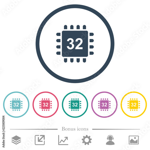 Microprocessor 32 bit architecture flat color icons in round outlines