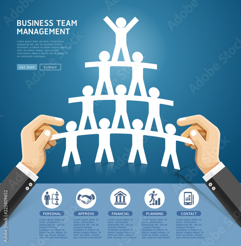 Business team management conceptual design. Hand holding a paper cut people team. Vector Illustrations.