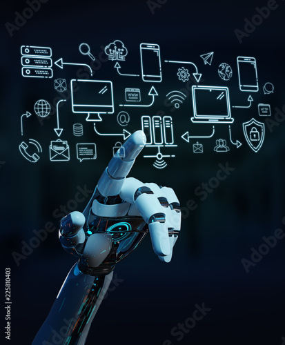 White humanoid controlling modern devices interface system