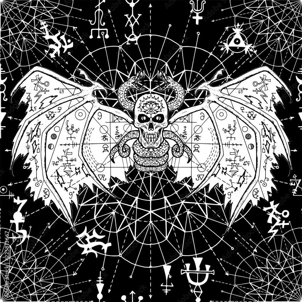 Seamless pattern with evil demon and mystic geometric symbols on black