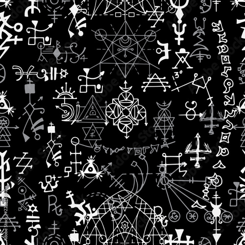 Seamless pattern with white abstract mystic symbols on black. Esoteric, occult and wicca concept, Halloween illustration with mystic symbols and sacred geometry 