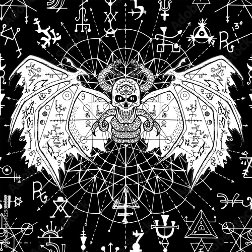 Seamless pattern with evil demon and mystic geometric symbols on black. Esoteric, occult and wicca concept, Halloween illustration with mystic symbols and sacred geometry 