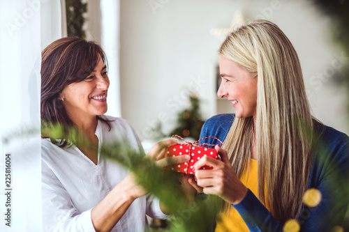 A senior woman giving a present to an adult daughter at home at Christmas time.
