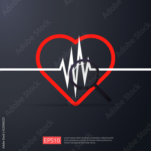 heart cardiology. heartbeat or beat pulse search icon. danger heart attack symbol. world heart day concept for banner or poster. Vector illustration