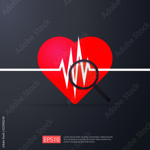 heart cardiology. heartbeat or beat pulse search icon. danger heart attack symbol. world heart day concept for banner or poster. Vector illustration