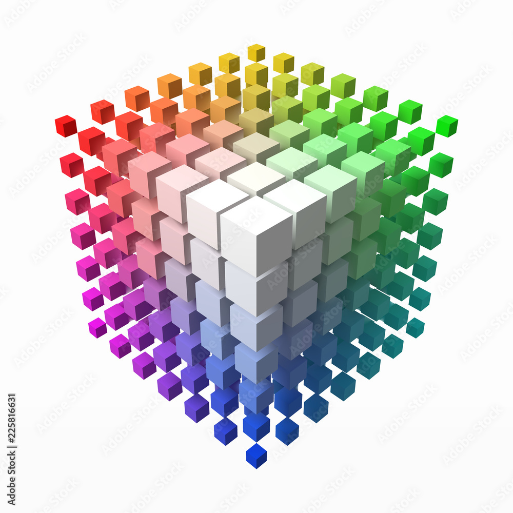 Fototapeta premium small cubes makes color gradient in shape of big cube. smaller cubes on corners. 3d style vector illustration.