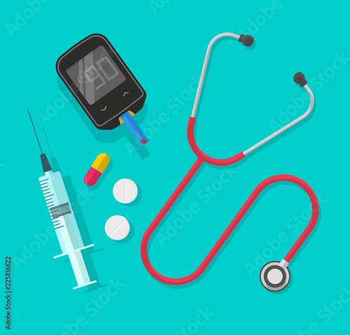 Medical instruments isolated vector illustration, flat cartoon pills, medicine tablets, stethoscope, glucometer and syringe objects top view on table, medicine diagnostic equipment