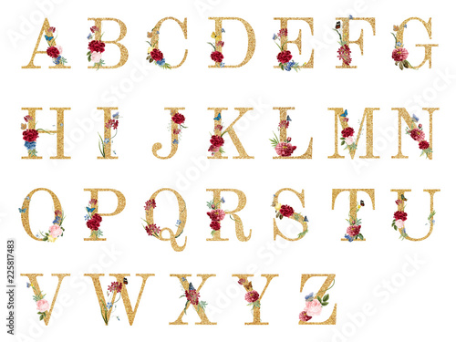 Botanical alphabet with tropical flowers illustration