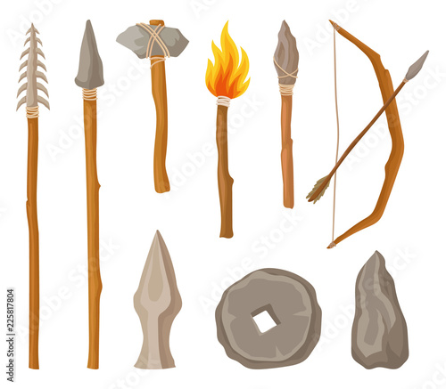 Collection of Stone Age symbols, tools and weapon of prehistoric man vector Illustration on a white background