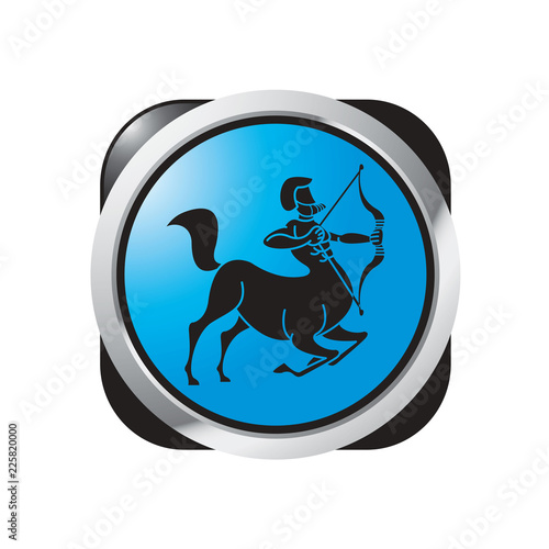 black and blue sagittarius button isolated on white background vector illustration