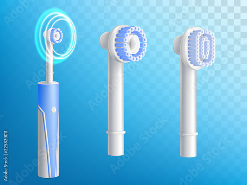 Vector 3d realistic set of toothbrushes, removable nozzles for hygiene product. Dentist equipment, modern electric technology with ultrasound. Fiber setae, bristles and gum. Oral cleaning, prophylaxis