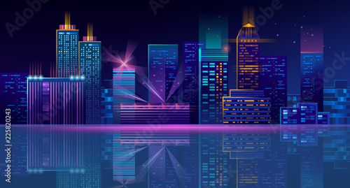 Vector modern night megapolis. Bright glowing buildings in cartoon style. Urban skyscrapers in neon blue colors, town exterior, architecture background. Residential construction for cityscape concept