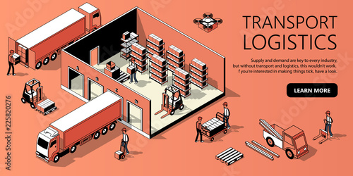 Vector 3d isometric site template with warehouse, truck and people. Landing page in thin line style, internet portal with button for transport logistics. Orange background with goods and storage.