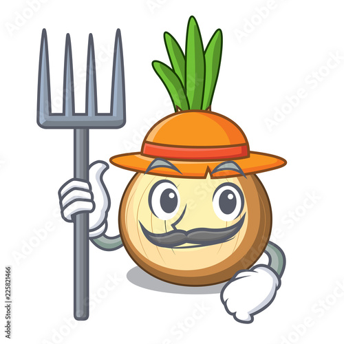 Farmer character fresh yellow onion on table