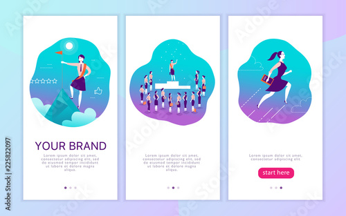 Vector mobile app interface concept design with woman personal brand theme. Victory metaphor for successful business lady. Landing page, UI site template design. Web banner, mobile app illustration.