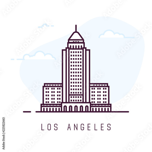 Los Angeles city line style illustration. Famous city hall in Los Angeles. Architecture city symbol of USA. Outline building vector illustration. Sky clouds on background. Travel and tourism banner.