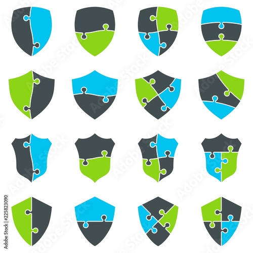 Vector shields. Puzzle shield icon, logo set.