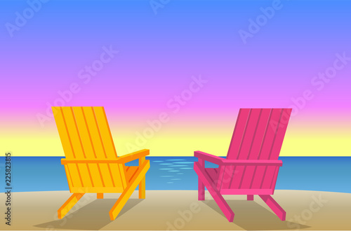 Sunbed on Beach Pair of Chaise-Lounges Coastline