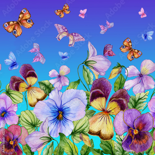 Beautiful vibrant violet flowers and colorful butterflies on blue background....