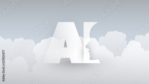 Modern Style Cloud Computing, Global AI Assistance, Automated Support, Digital Aid, Deep Learning and Future Technology Concept Design with Clouds and Human Head - Vector Illustration