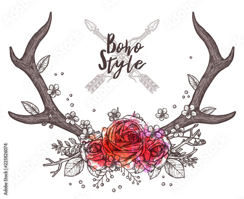 Hand Drawn Floral Antler. Sketch Illustration With Deer Horns And Flowers In Boho, Hipster And Rustic Style