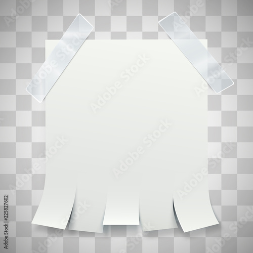 Blank advertisement with tear off tabs and adhesive tape on transparent background. Ad concept. Vector illustration
