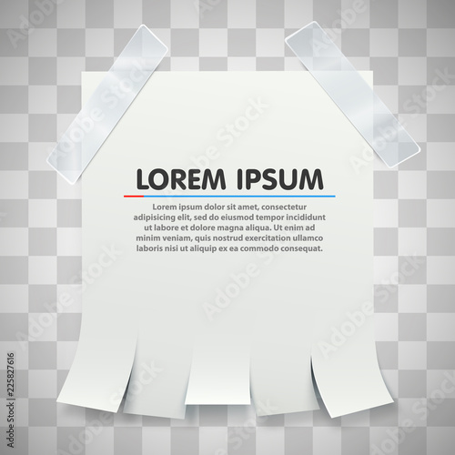 Blank advertisement with tear off tabs and adhesive tape on transparent background. Ad concept. Vector illustration