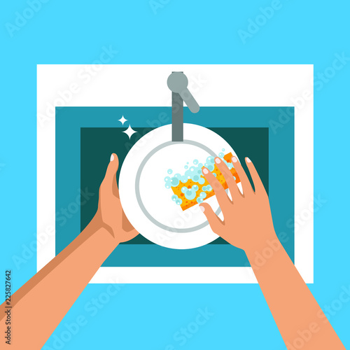 Dishwashing concept. Flat design of kitchen sink. Hands wash the plate with foam. Vector isolated illustration.
