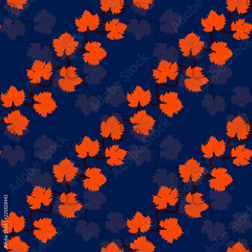 Autumn grape leaves seamless pattern on blue background