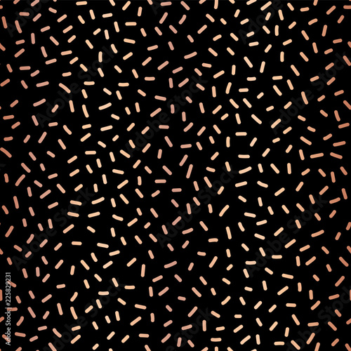 Copper rose gold foil party sprinkles seamless repeat vector pattern. Elegant luxury metallic shiny golden party decor on black background. For card, party invitation, celebration, Christmas, New Year