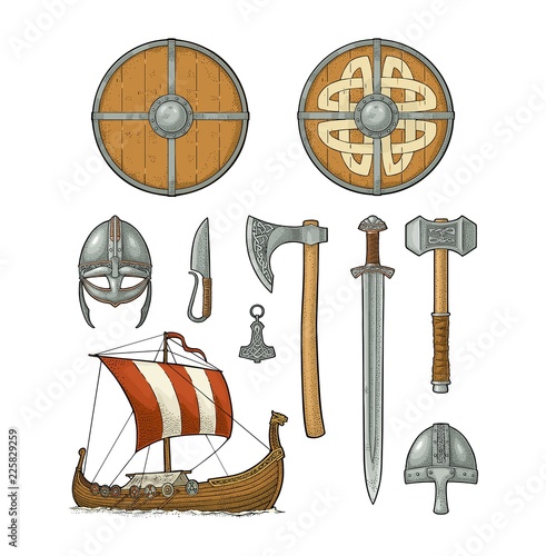 Set viking. Knife, drakkar, axe, helmet, sword, hammer, thor amulet