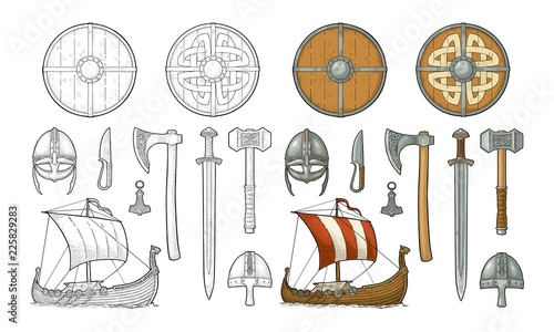 Set viking. Knife, drakkar, axe, helmet, sword, hammer, thor amulet