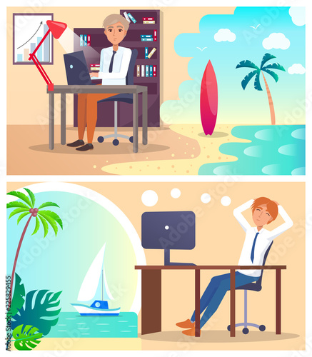 Office Workers Daydream about Vacation Abroad Set