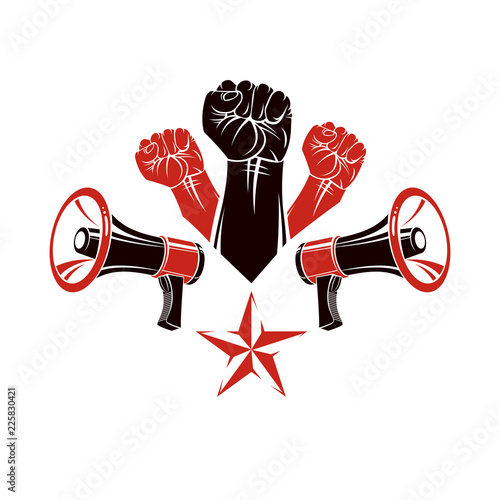 Raised clenched fists vector illustration composed with loudspeakers equipment. Public information campaign intended to encourage or discourage definite forms of people behavior.