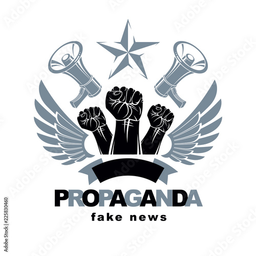 Vector advertising poster created using clenched fists raised up, bird wings and loudhailer equipment. Propaganda as the means of manipulation and control.