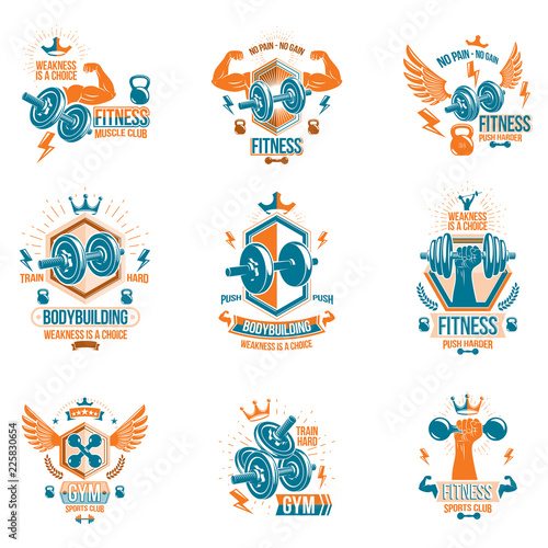 Set of vector heavy load theme symbols and advertising leaflets composed with dumbbells, kettle bells sport equipment and strong man body silhouettes.